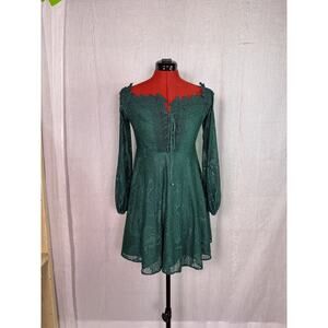 Double Crazy Dress Women Size Small Green Fit and Flare Mini Crotchet Tie E277